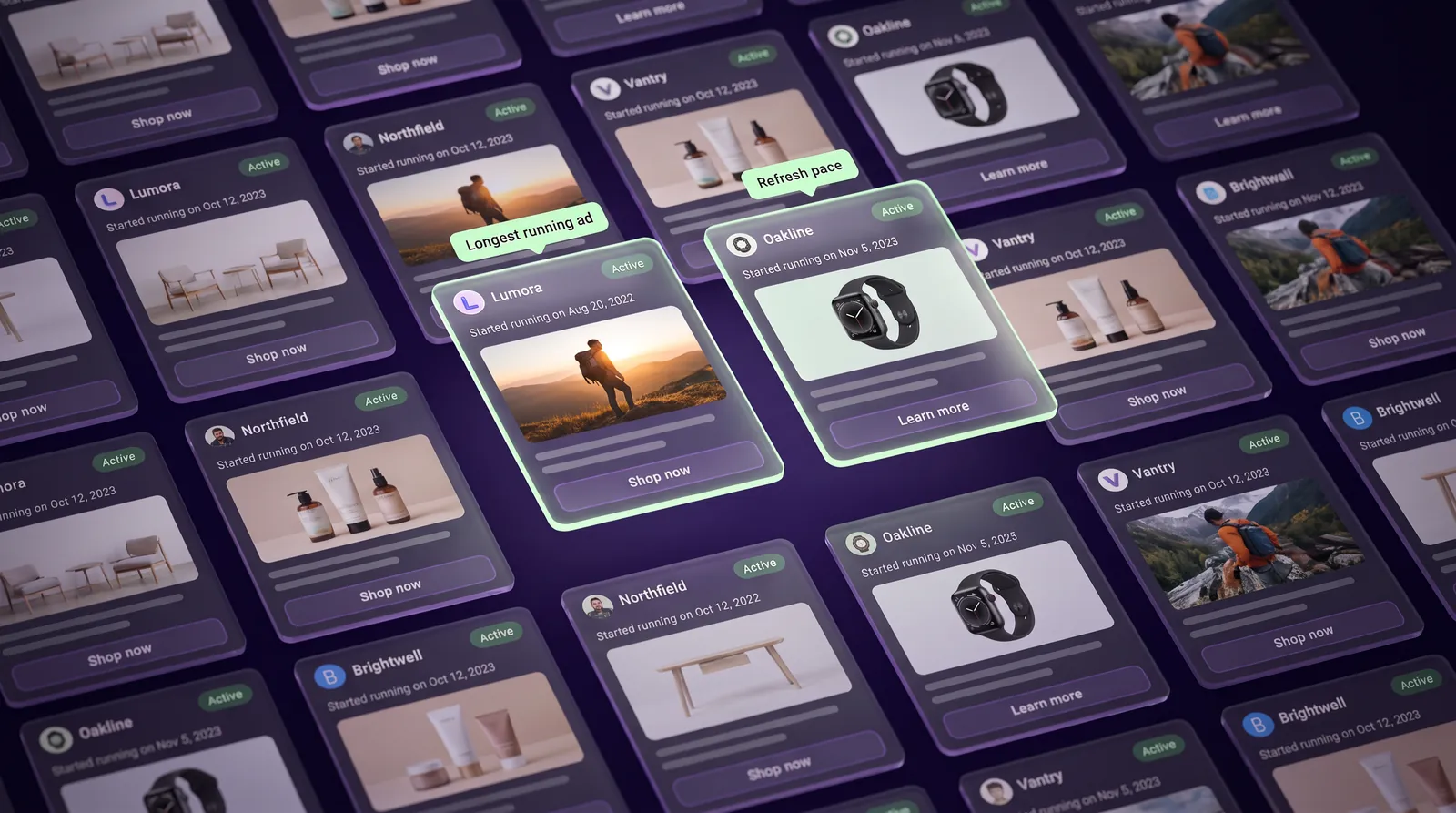 A board of live ad cards with two picked out: longest running 414 days, and refresh pace